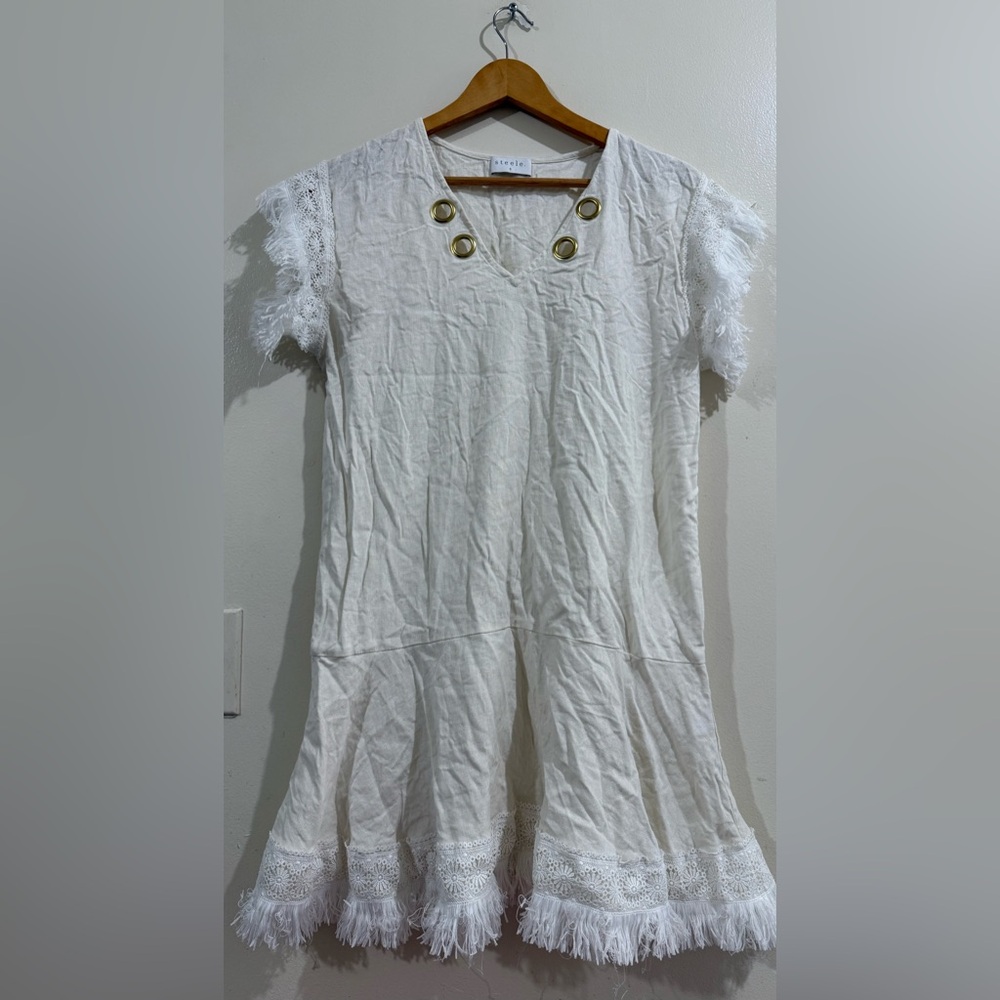 STEELE Ivory Mini Dress with Lace Fringe and Grommet Detail